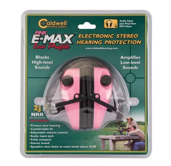 AOB Caldwell E-MAX Low Profile Hearing Protection pink earmuffs in retail packaging, front view