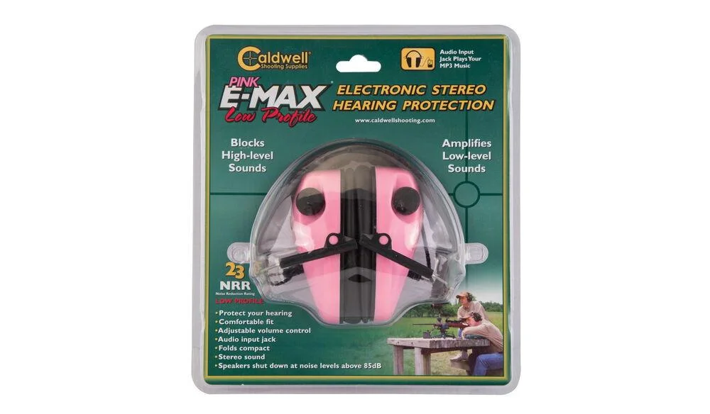 caldwell-emax-low-profile-hearing-protection-pink-primary AOB Caldwell E-MAX Low Profile Hearing Protection pink earmuffs in retail packaging, front view