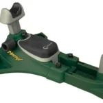 AOB Caldwell Matrix Shooting Rest, green base with gray supports in angled side view