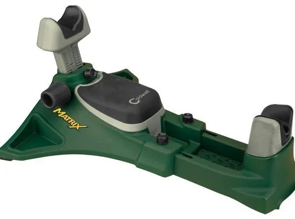 AOB Caldwell Matrix Shooting Rest, green base with gray supports in angled side view