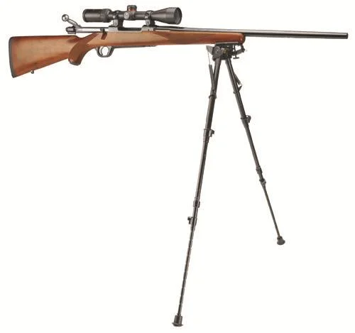 AOB Caldwell XLA pivot bipod, black extended front view supporting a wood-stock rifle