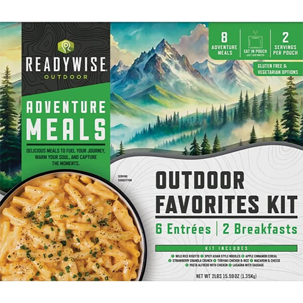 camping-favorites-kit-primary ReadyWise Camping Favorites Kit, front view of green and white meal kit package with mountain artwork