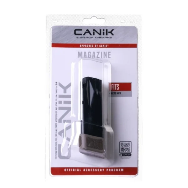 CANIK MC9 Magazine, black magazine with grip extension in white retail blister packaging