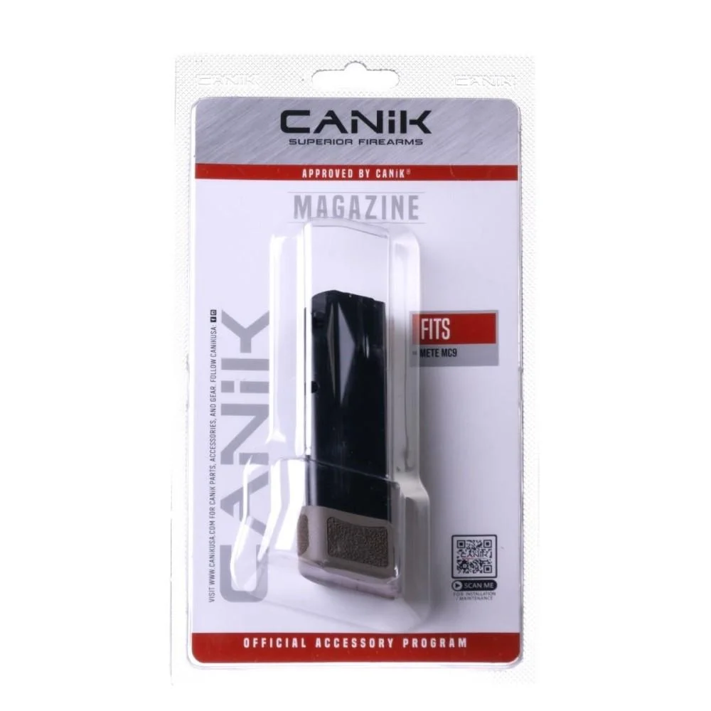 canik-mete-mc9-magazine-9mm-15rd-grip-extension-fde-primary CANIK MC9 Magazine, black magazine with grip extension in white retail blister packaging