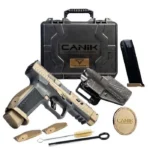 CANIK TTI COMBAT, bronze and black right-side view with case, magazine, holster and tools