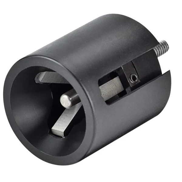 RCBS TM Carbide Chamfer Tool, black cylindrical tool in angled front view with cutter blades