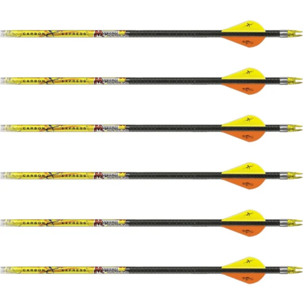 Feradyne Outdoors Carbon Express Mayhem Crossbow Bolts, six bolts with yellow-orange vanes