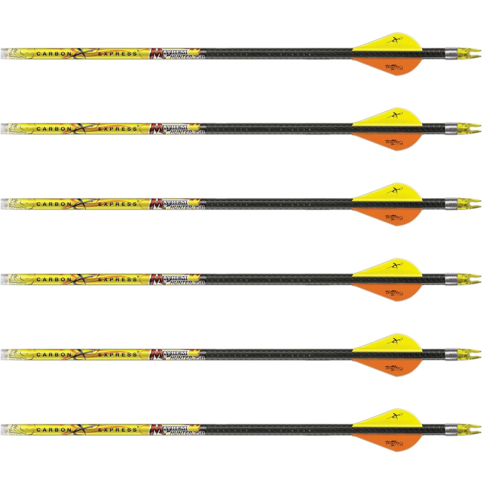 carbon-express-mayhem-crossbow-bolts-primary-1 Feradyne Outdoors Carbon Express Mayhem Crossbow Bolts, six bolts with yellow-orange vanes