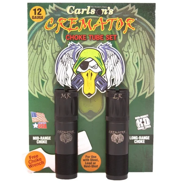 Carlson's Cremator Waterfowl choke tubes two black tubes in retail packaging, front view