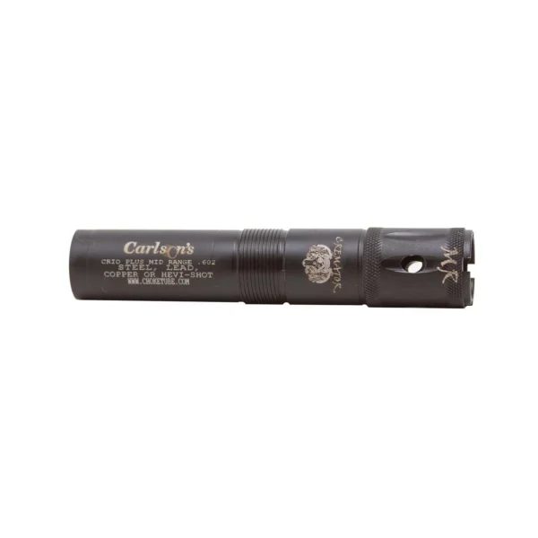 Carlson's Cremator Waterfowl Mid Range Ported Choke Tube, black side view with threaded end and ports