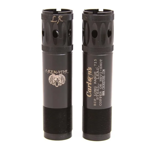 Carlson's Cremator Waterfowl Long Range Ported Choke Tube, two black tubes with side ports