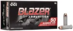 CCI Blazer Aluminum Handgun Ammunition, black box with two silver cartridges