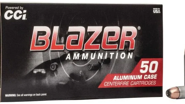 CCI Blazer Aluminum Handgun Ammunition, black box with two silver cartridges