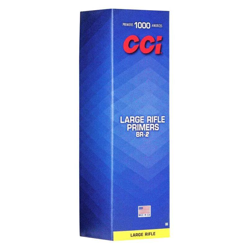 cci-br-2-large-rifle-primers-primary CCI Standard Primers BR2, front angled view of tall blue retail box with red CCI logo