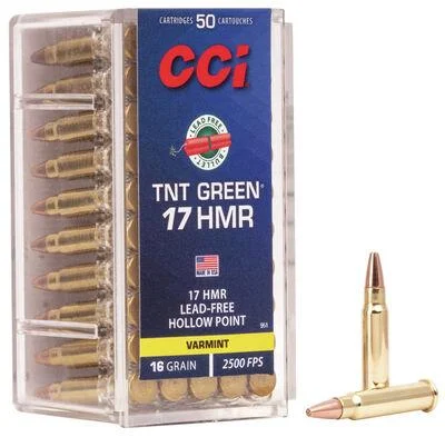 CCI TNT Green Rimfire Ammunition .17 HMR, clear 50-round box and three cartridges