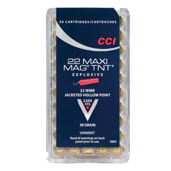 CCI Maxi-Mag TNT Rimfire Ammunition, clear cartridge box with blue label, front view