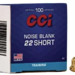 CCI Rimfire Noise Blanks, blue and white box with one brass blank beside it