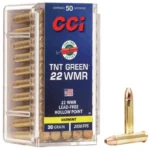 CCI TNT Green rimfire ammunition, clear plastic box with blue label and two loose cartridges