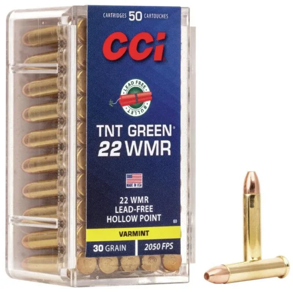 CCI TNT Green rimfire ammunition, clear plastic box with blue label and two loose cartridges