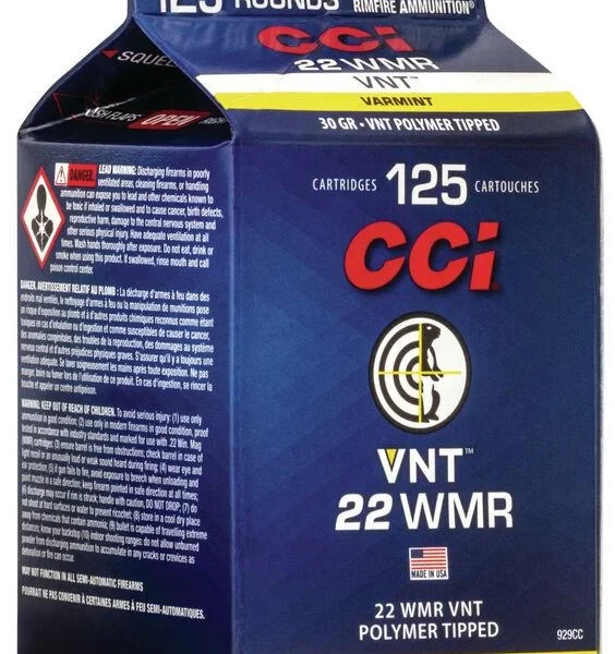 CCI Varmint Rimfire Ammunition blue retail box, angled front and left-side view