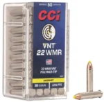 CCI 22WMR 30GR VARMINT TIP, clear ammunition box and two tipped cartridges