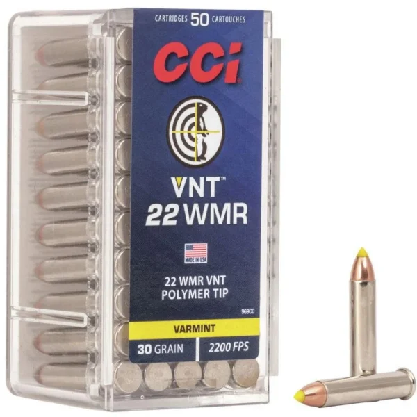 CCI 22WMR 30GR VARMINT TIP, clear ammunition box and two tipped cartridges