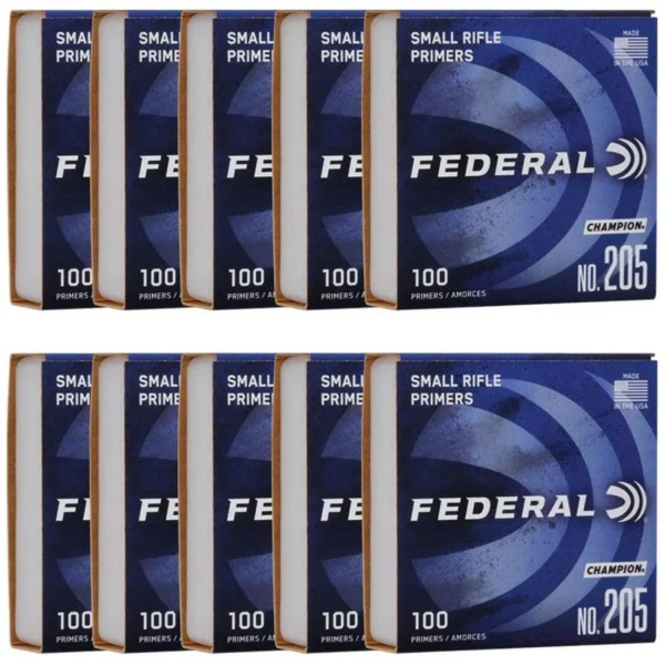 Federal Champion Centerfire #205 Primers Small Rifle, ten blue and black boxes in two rows