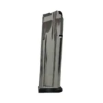 Check-Mate Staccato 2011 Handgun Magazine, angled view of stainless steel body and black base