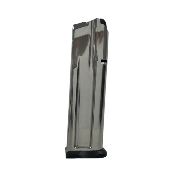 Check-Mate Staccato 2011 Handgun Magazine, angled view of stainless steel body and black base