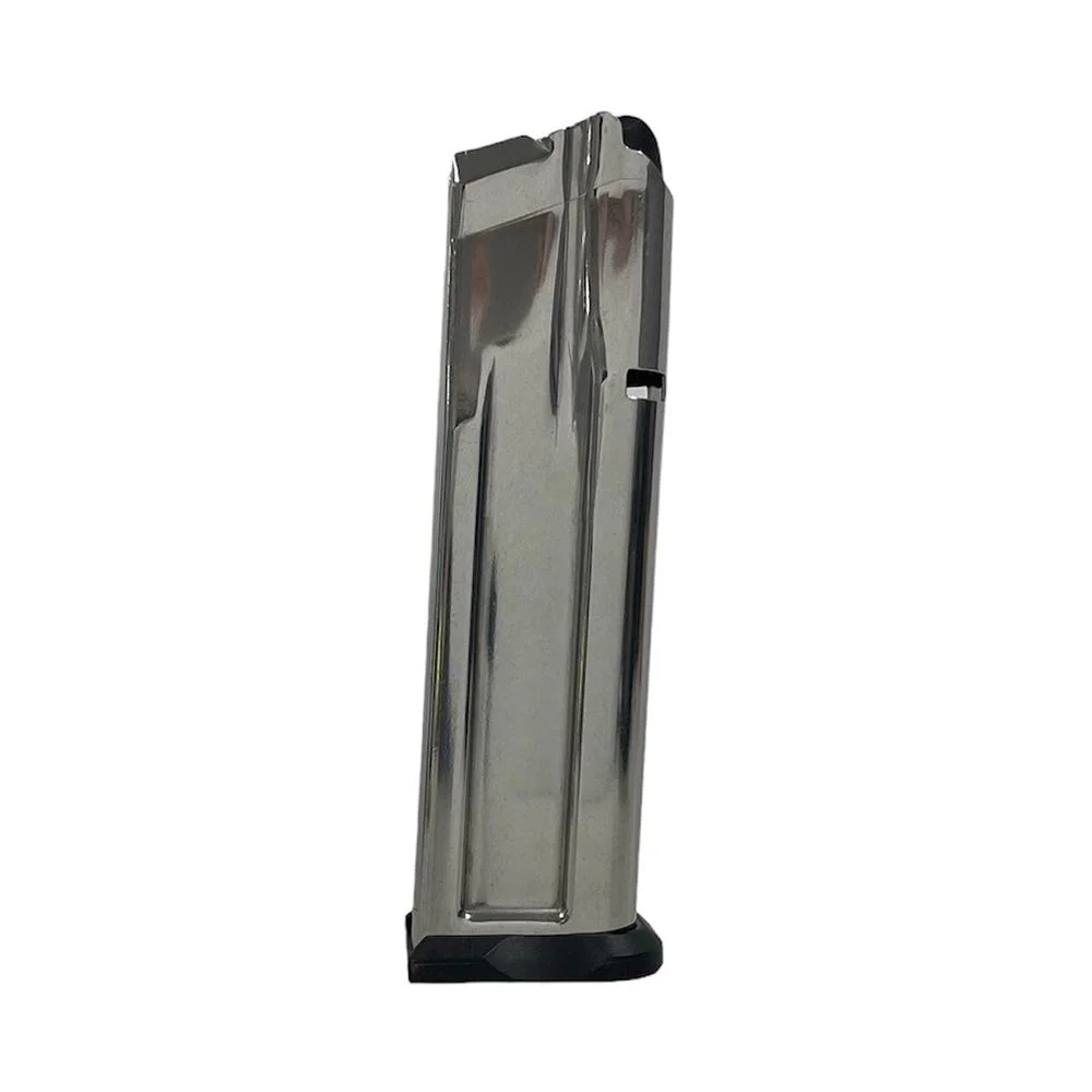 check-mate-staccato-2011-magazine-primary Check-Mate Staccato 2011 Handgun Magazine, angled view of stainless steel body and black base
