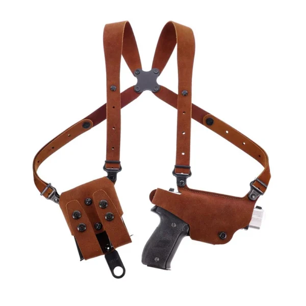 Galco Classic Lite 2.0 shoulder holster, natural brown front view with harness and handgun