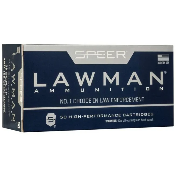 Cci Speer Lawman Clean-Fire Handgun Ammunition, blue and white box shown from front and left side