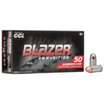 CCI Blazer Aluminum black ammunition box with red logo, shown beside two cartridges