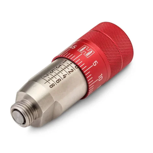 Hornady Click-adjust Bullet Seating Micrometer, silver body with red numbered adjustment dial