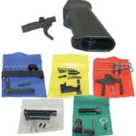 CMMG MK3 LPK Lower Parts Kit, black grip, trigger and small parts arranged in colored pouches