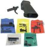 CMMG MK3 LPK Lower Parts Kit, black grip, trigger and small parts arranged in colored pouches