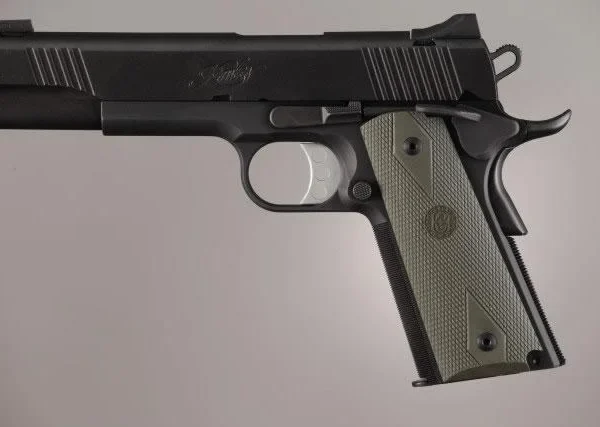 Hogue Colt Government Grips, OD green checkered grip panels shown fitted to a black pistol