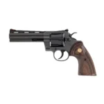 Colt Python revolver, left-side view with blued finish, vented barrel rib and wood grip