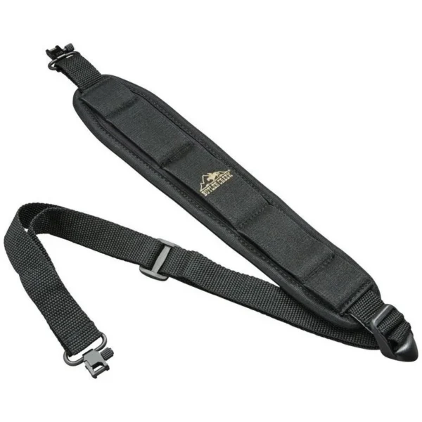 Butler Creek Comfort Stretch Sling, black angled view with padded strap and sewn-in swivels