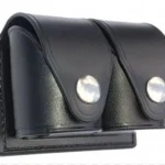 HKS Case DBL Pl, black leather double pouch front view with silver snap closures