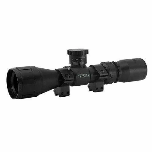 BSA Sweet 22 black rifle scope, right-side view with adjustment turret and mounting rings