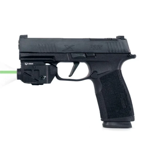 Viridian C5L Micro Universal Green Laser and Tactical Light, mounted under a black handgun with green beam