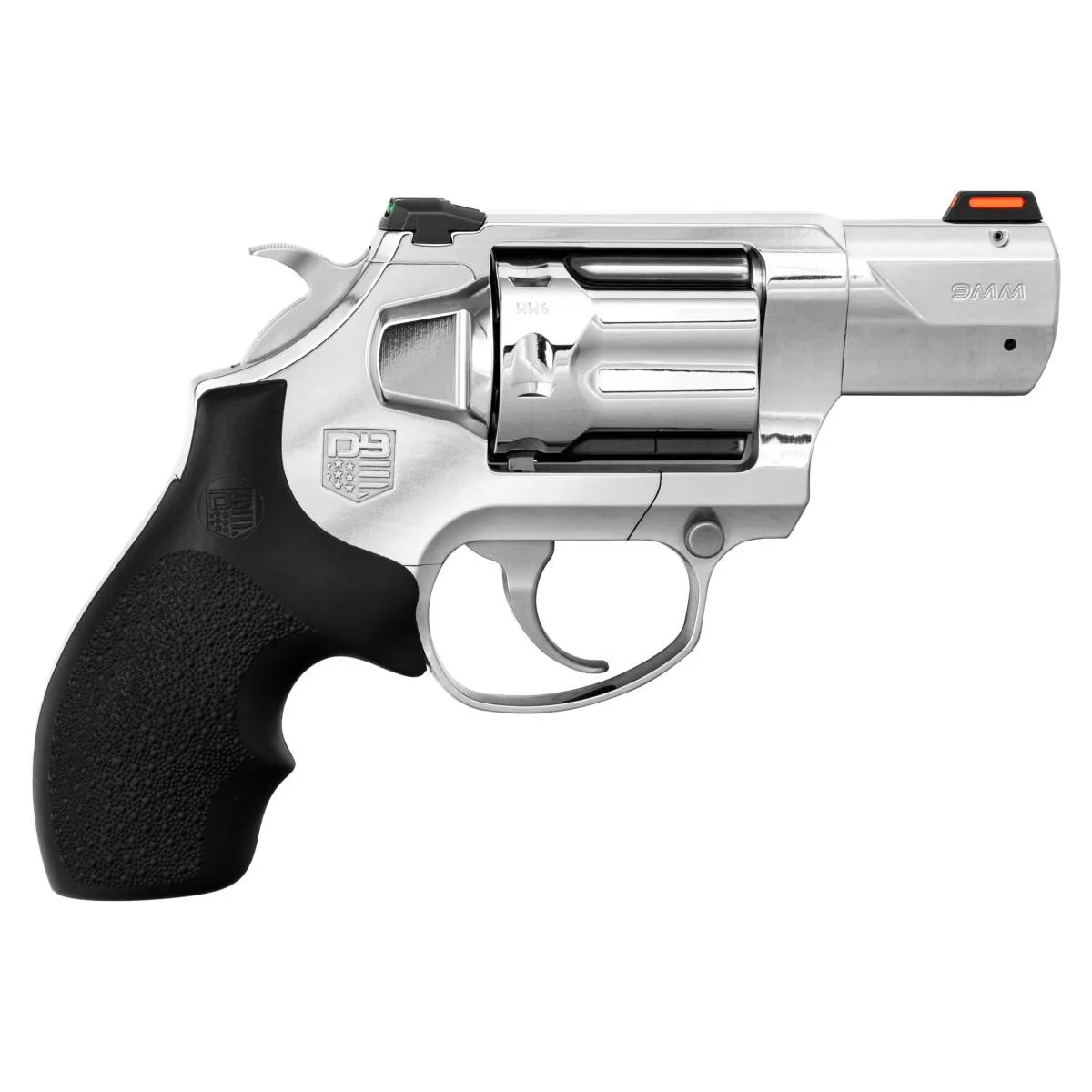 compact-9mm-revolver-primary Diamondback SDR, polished stainless left-side view with black grip and orange front sight