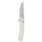 CRKT Q compact folding knife, open view with silver drop-point blade and sand handle