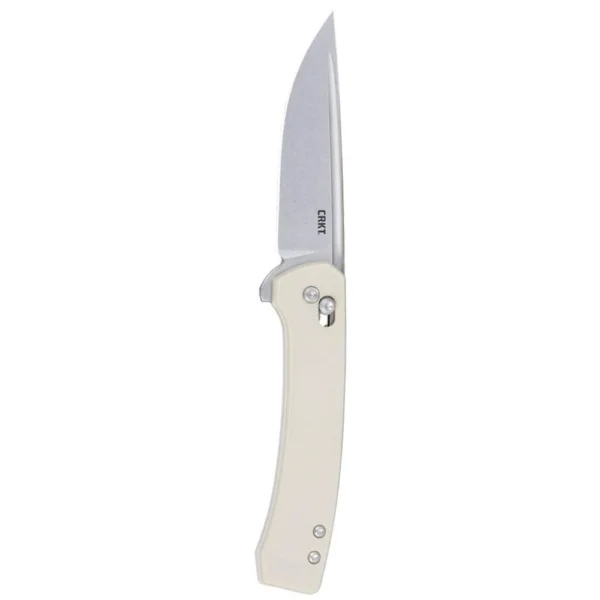 CRKT Q compact folding knife, open view with silver drop-point blade and sand handle