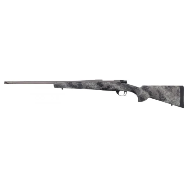 Legacy Sports International Howa M1500, right-side view with gray camo stock and long black barrel