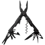 SOG Powerlitre black multi-tool, front view opened with pliers, corkscrew, blade and other tools