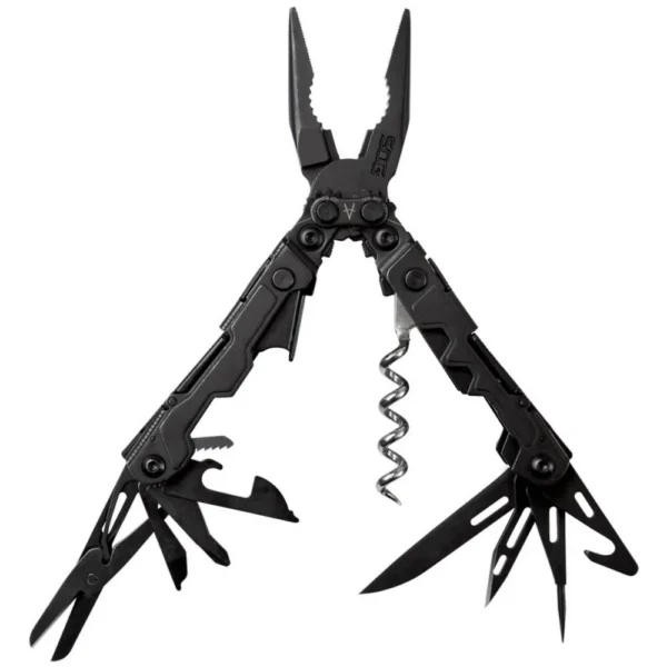SOG Powerlitre black multi-tool, front view opened with pliers, corkscrew, blade and other tools