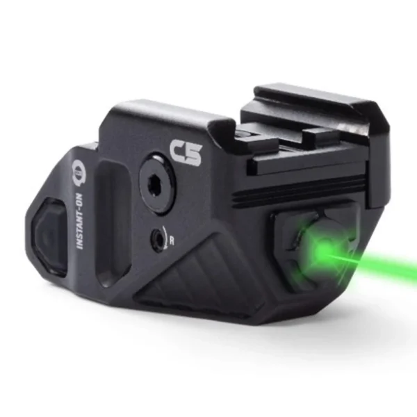 Viridian C5 Universal Green Laser Sight, black unit in angled view projecting a green beam