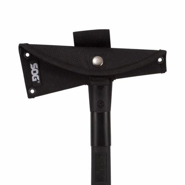 SOG Fasthawk Axe Black, front view with black sheath covering the axe head and black handle